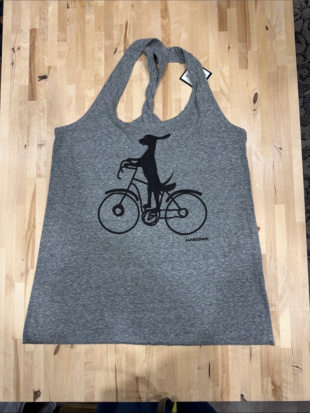 Marushka Women's Gray Racerback Tank with Bicycle Dog Graphic